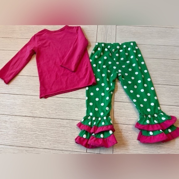 Pink, green, white polka dot 2 piece set. Size M toddlers. Cotton, spandex. - Picture 9 of 9